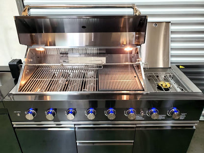 3 Piece Pizza Oven + Black Stainless Steel 6 Burner Black Marble Top Modular Island BBQ Outdoor Electric Propane Grill Kitchen with Fridge, Sink, Side Burner, LED Lights on Knobs, and Grill Cover