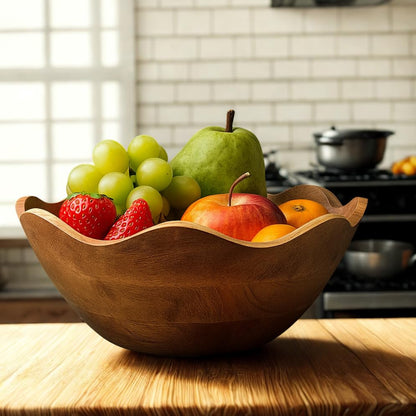 TrendBell Handmade Large Wooden Bowl Mango Wood Decorative Bowl for Veggies, Fruits Wooden Serving Scalloped Bowl Modern Rustic Home Decorations Home Party Wedding Décor 12 x 4.5 x 11 Inches