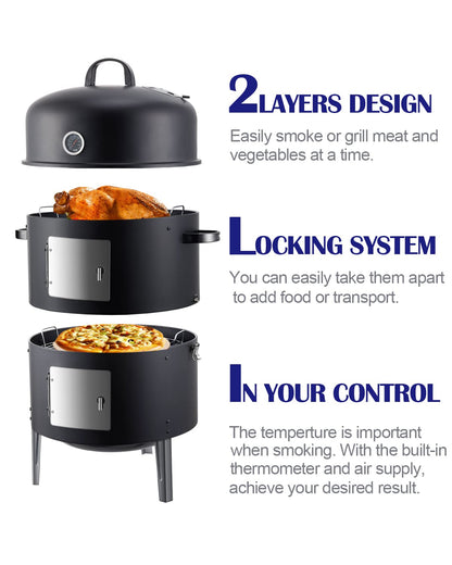 SUNLIFER Charcoal BBQ Grill, Heavy Duty 3-in-1 Barbecue Smoker Grill for Garden Camping Outdoor Cooking and Grilling
