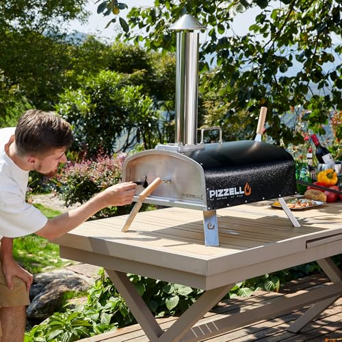 PIZZELLO 16" Outdoor Pizza Oven Propane & Wood Fired Multi-fuel Large Stainless Steel Pizza Grill with Gas Burner, Wood Tray Pizza Stone, Pizza Peel, Carry Bag (Black)