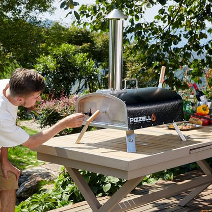 PIZZELLO 16" Outdoor Pizza Oven Propane & Wood Fired Multi-fuel Large Stainless Steel Pizza Grill with Gas Burner, Wood Tray Pizza Stone, Pizza Peel, Carry Bag (Black)
