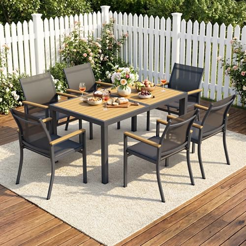 7-Pieces Aluminum Patio Table and Chairs for All-Weather, Patio Table Set with Heavy Duty HDPS Rectangular Table, Outdoor Patio Dining Furniture Set with Breathable Quick-Drying Textilene Chairs