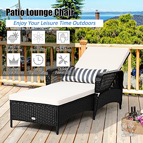 Tangkula Wicker Chaise Lounge Outdoor, Patio Rattan Reclining Chaise with 6-Gear Adjustable Backrest, Thick Padded Cushion & Removable Lumbar Pillow, Pool Lounge Chairs for Outside Balcony Backyard