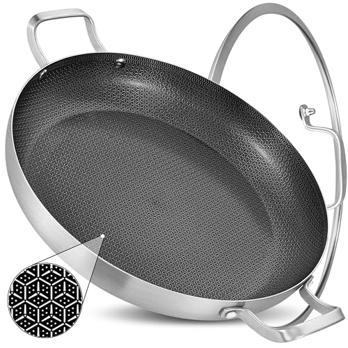 Inqibee 14-Inch Hybrid Tri-Ply Stainless Steel Paella Pan with Lid, Ceramic Non Stick Large Skillet, Induction Cooking Pan, Anti-Scratch, Dishwasher and Oven Safe