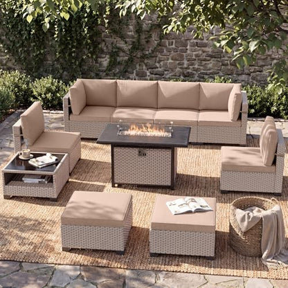 SnugVista Patio Furniture Set, 10-Piece Outdoor Sectional Sofa with 60,000 BTU Fire Pit Table & Ottomans, Wicker Patio Conversation Set with Coffee Table, Khaki Cushions