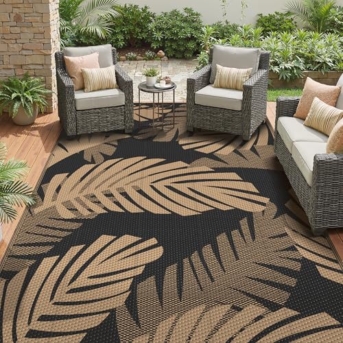 GENIMO Waterproof Outdoor Rug 5' x 8' for Patio Decor, Reversible Plastic Straw Area Rugs for Camping Clearance, RV Mat, Large Outside Carpet for Porch, Deck, Picni, Balcony, Garden, Black & Brown