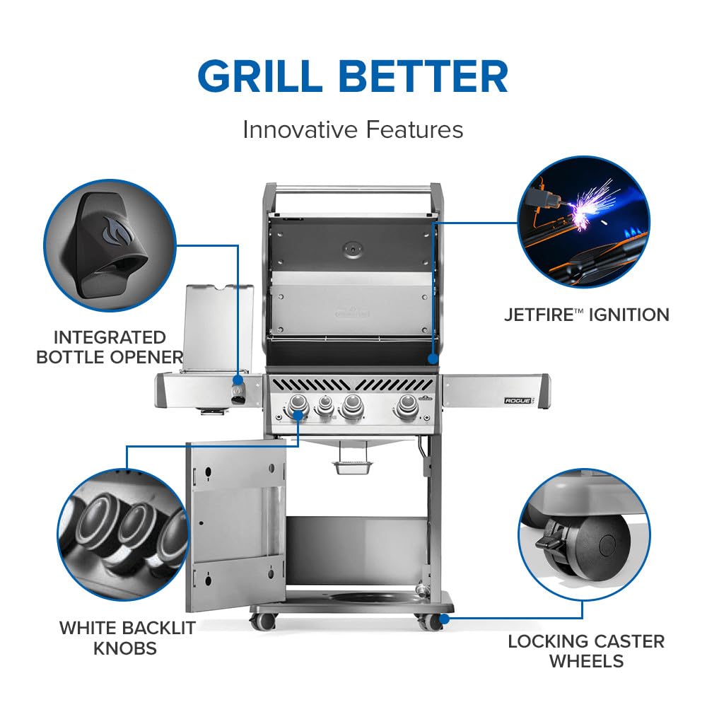 Napoleon Rogue PRO 425 Natural Gas Grill with Infrared Side Burner, Stainless Steel, Durable 4-Burner Gas BBQ