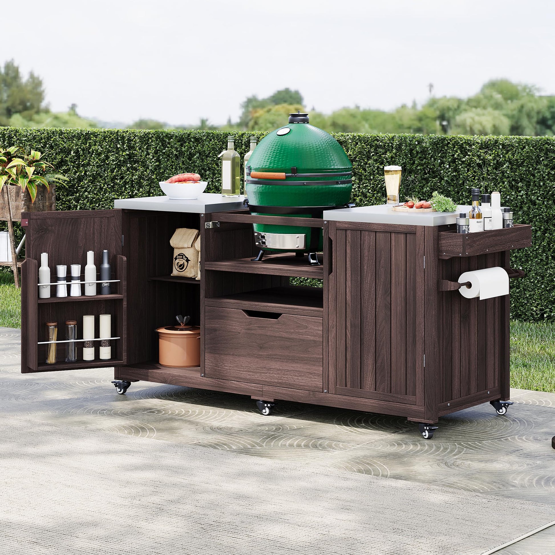 66.5" Outdoor Kitchen Island for Big Green Egg Grills, Solid Wood Outdoor Grill Cart for Tabletop Grill with Stainless Steel Top, Drawer, Family Barbecue Outdoor Gathering (Dark Brown/E) - CookCave