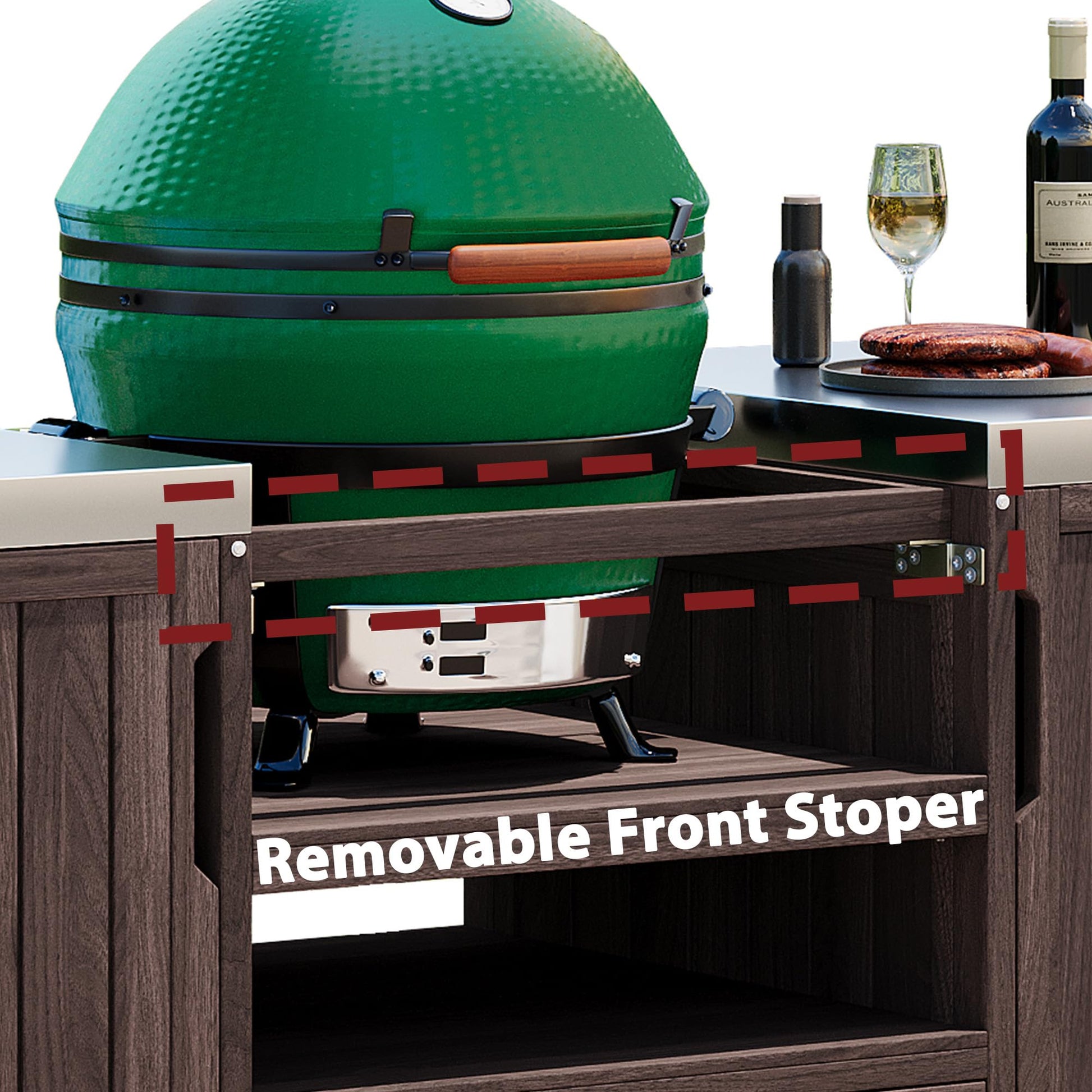 66.5" Outdoor Kitchen Island for Big Green Egg Grills, Solid Wood Outdoor Grill Cart for Tabletop Grill with Stainless Steel Top, Drawer, Family Barbecue Outdoor Gathering (Dark Brown/E) - CookCave