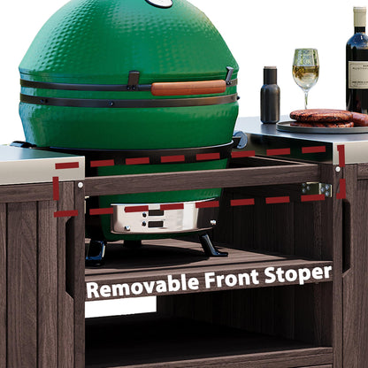 66.5" Outdoor Kitchen Island for Big Green Egg Grills, Solid Wood Outdoor Grill Cart for Tabletop Grill with Stainless Steel Top, Drawer, Family Barbecue Outdoor Gathering (Dark Brown/E) - CookCave