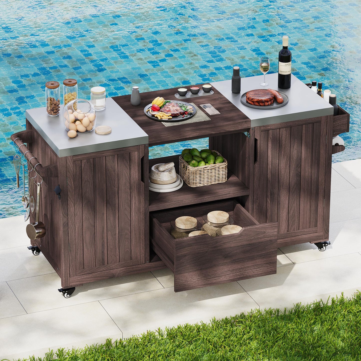 66.5" Outdoor Kitchen Island for Big Green Egg Grills, Solid Wood Outdoor Grill Cart for Tabletop Grill with Stainless Steel Top, Drawer, Family Barbecue Outdoor Gathering (Dark Brown/E) - CookCave