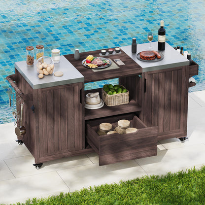 66.5" Outdoor Kitchen Island for Big Green Egg Grills, Solid Wood Outdoor Grill Cart for Tabletop Grill with Stainless Steel Top, Drawer, Family Barbecue Outdoor Gathering (Dark Brown/E) - CookCave