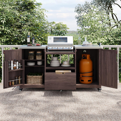 66.5" Outdoor Kitchen Island for Big Green Egg Grills, Solid Wood Outdoor Grill Cart for Tabletop Grill with Stainless Steel Top, Drawer, Family Barbecue Outdoor Gathering (Dark Brown/E) - CookCave