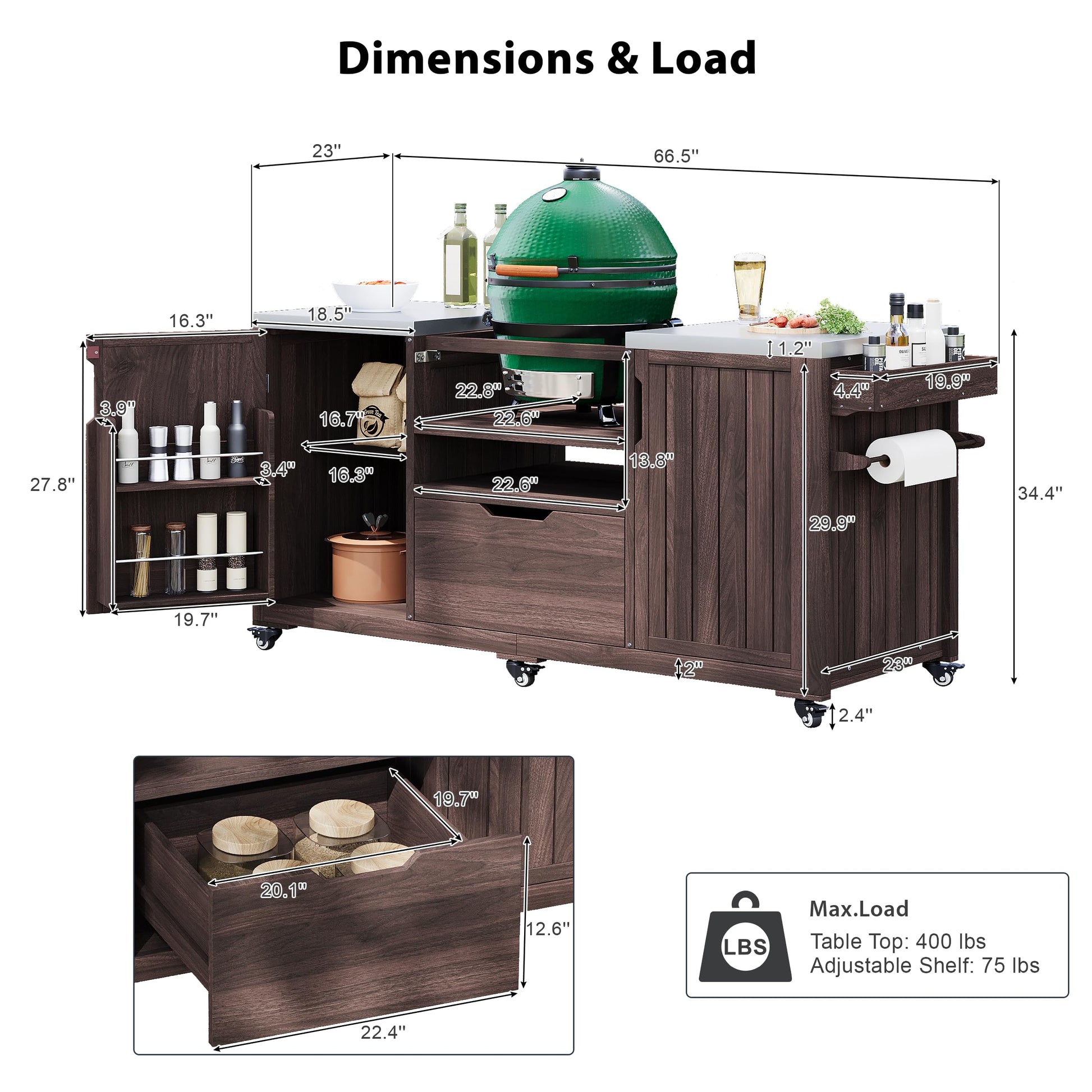 66.5" Outdoor Kitchen Island for Big Green Egg Grills, Solid Wood Outdoor Grill Cart for Tabletop Grill with Stainless Steel Top, Drawer, Family Barbecue Outdoor Gathering (Dark Brown/E) - CookCave