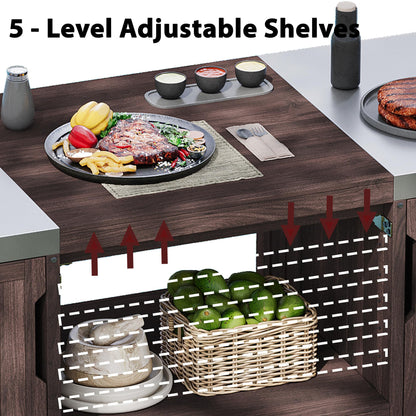 66.5" Outdoor Kitchen Island for Big Green Egg Grills, Solid Wood Outdoor Grill Cart for Tabletop Grill with Stainless Steel Top, Drawer, Family Barbecue Outdoor Gathering (Dark Brown/E) - CookCave