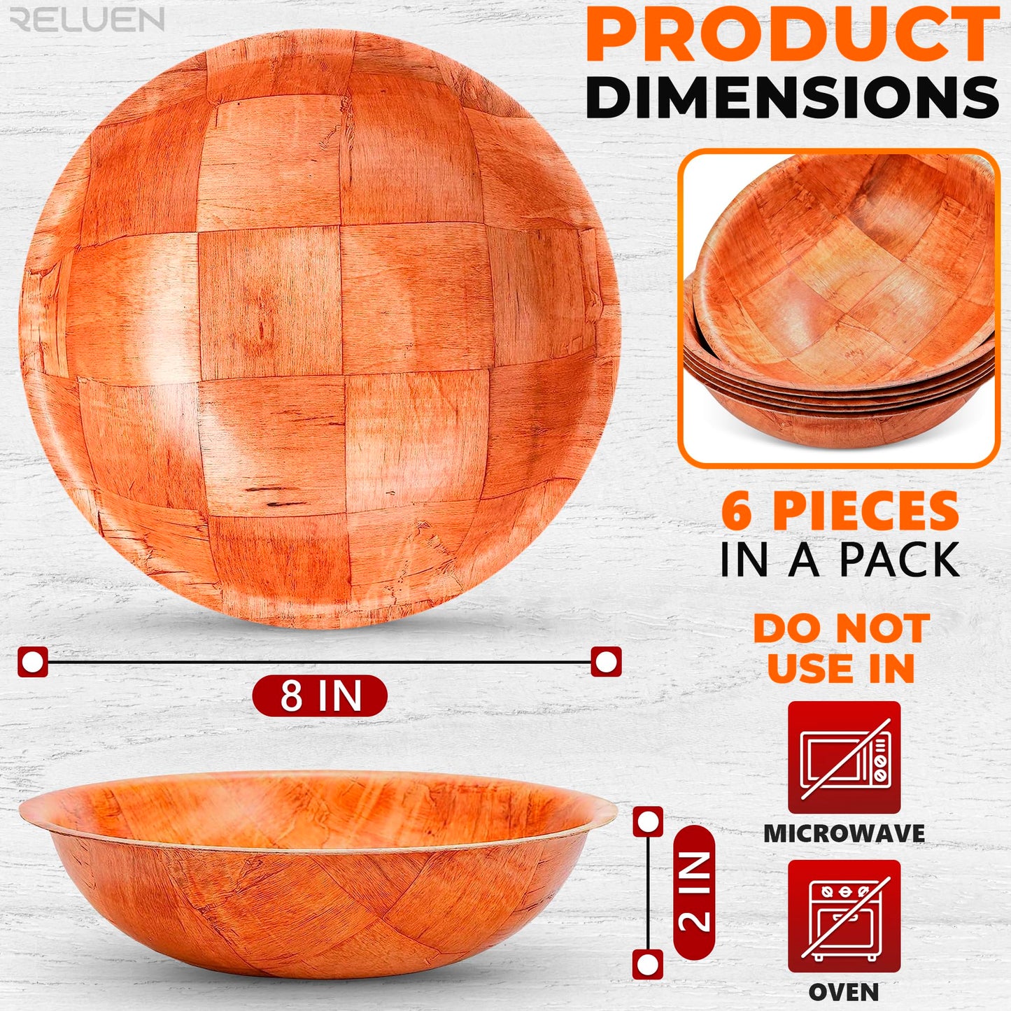 6Pcs Wooden Salad Bowl Set - Decorative Bowls for Kitchen Large Serving Bowls for Entertaining Small Snack Bowls Set Soup - 8 Inch Fruit Bowl for Kitchen Counter Salad Bowls for Lunch Serving Bowl Set - CookCave
