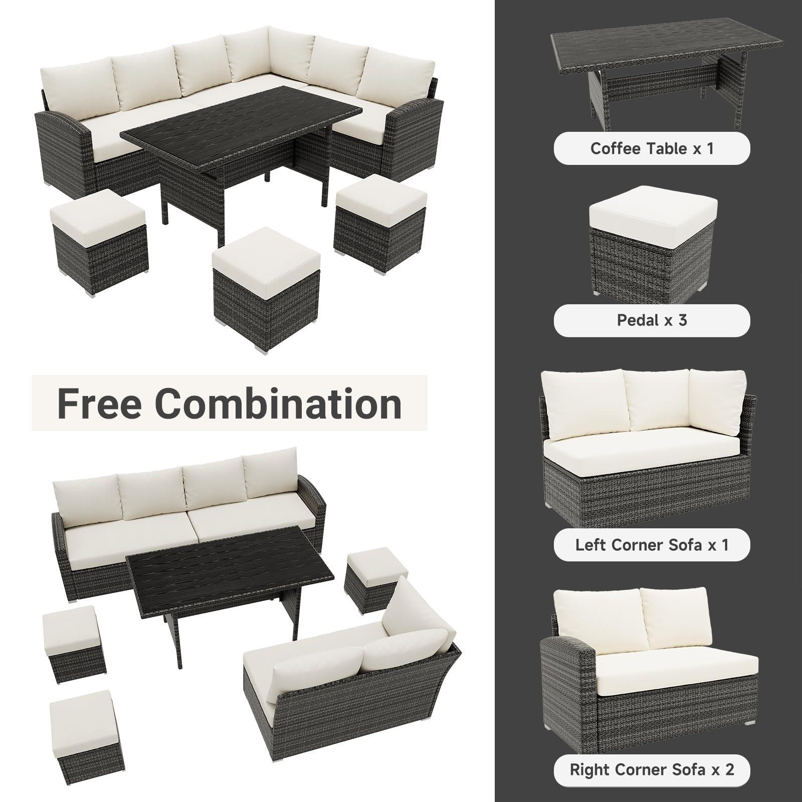 7 Piece Outdoor Patio Furniture Set with Plastic Wooden Table, Patio Rattan Conversationr Sofa Set, All Weather Sectional Rattan Sofa and Chairs, Garden, Porch, Poolside, Grey + Beige - CookCave