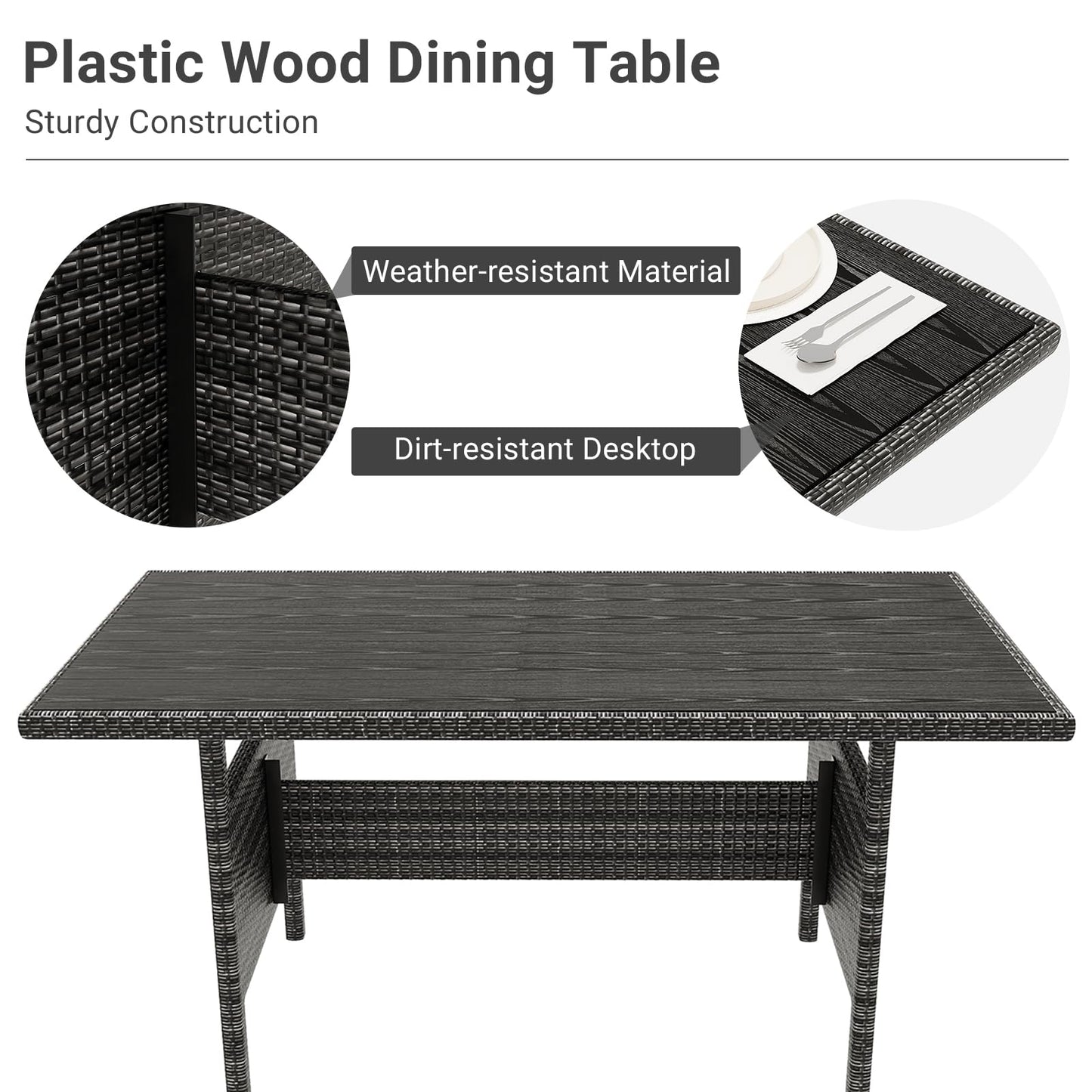 7 Piece Outdoor Patio Furniture Set with Plastic Wooden Table, Patio Rattan Conversationr Sofa Set, All Weather Sectional Rattan Sofa and Chairs, Garden, Porch, Poolside, Grey + Beige - CookCave