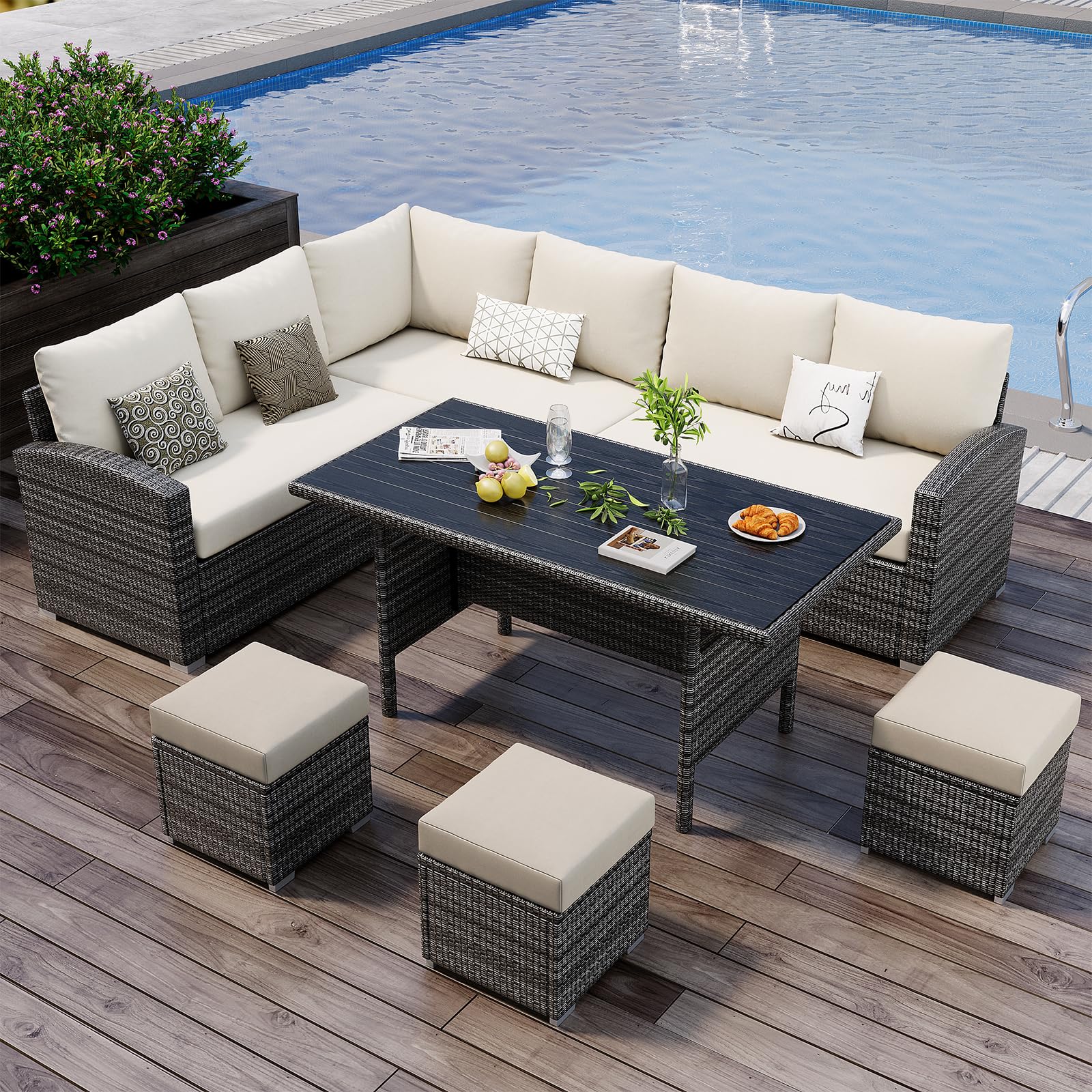 7 Piece Outdoor Patio Furniture Set with Plastic Wooden Table, Patio Rattan Conversationr Sofa Set, All Weather Sectional Rattan Sofa and Chairs, Garden, Porch, Poolside, Grey + Beige - CookCave