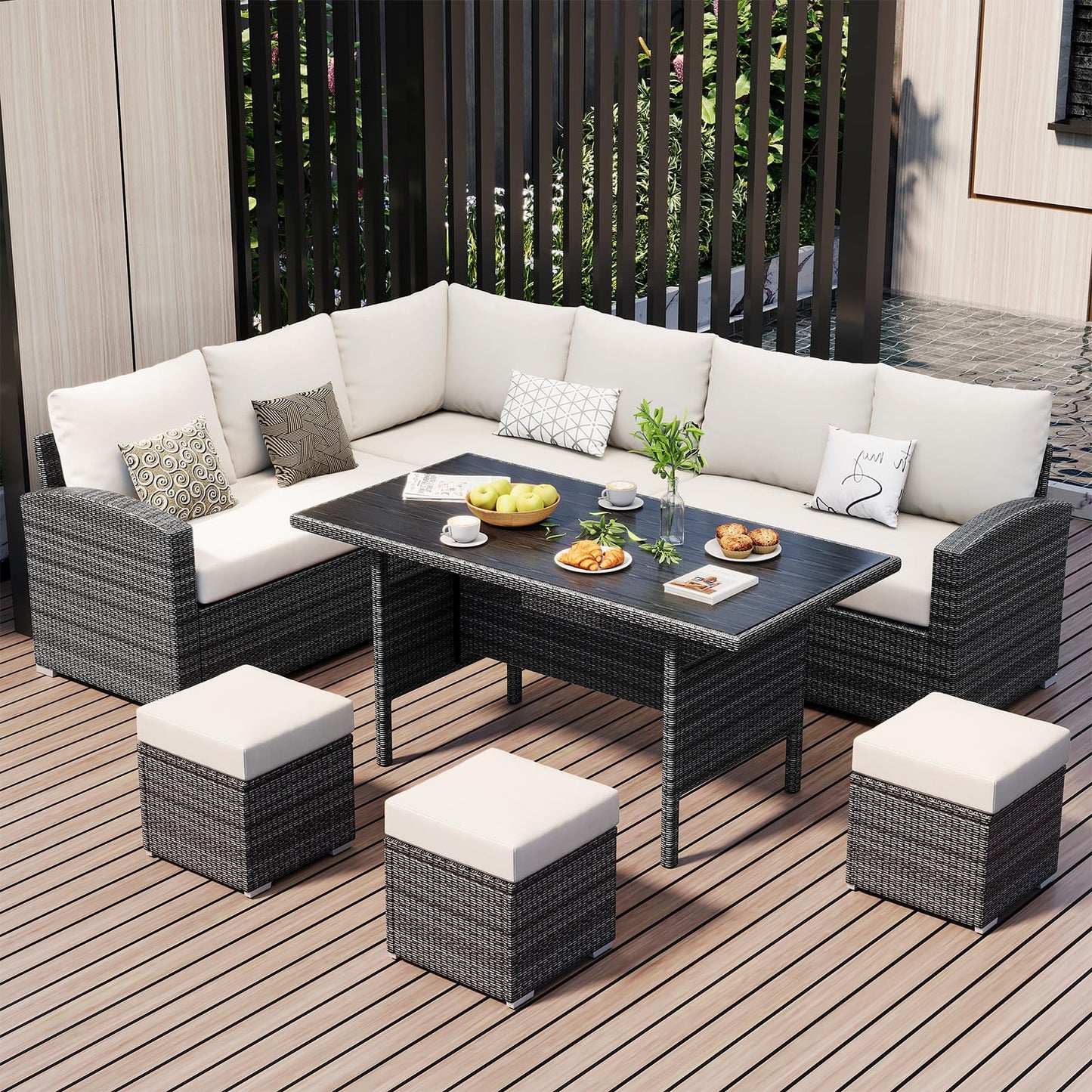 7 Piece Outdoor Patio Furniture Set with Plastic Wooden Table, Patio Rattan Conversationr Sofa Set, All Weather Sectional Rattan Sofa and Chairs, Garden, Porch, Poolside, Grey + Beige - CookCave