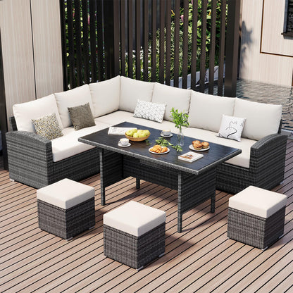7 Piece Outdoor Patio Furniture Set with Plastic Wooden Table, Patio Rattan Conversationr Sofa Set, All Weather Sectional Rattan Sofa and Chairs, Garden, Porch, Poolside, Grey + Beige - CookCave