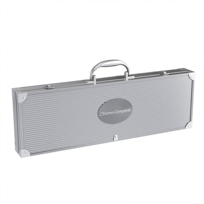 7-Piece Stainless-Steel BBQ Cooking Utensils Set - Barbecue Grill Accessories with Aluminum Portable Handled Storage Case by Home-Complete (Silver) - CookCave