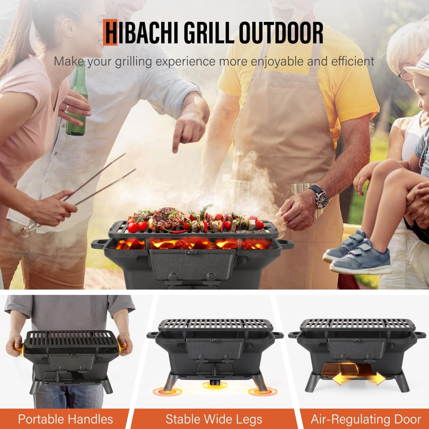Hibachi Grill Outdoor, Portable Mini Charcoal Grill, 100% Pre-Seasoned Cast Iron, Small Japanese Yakitori Tabletop Skillet Grill Stove for Outdoor Camping