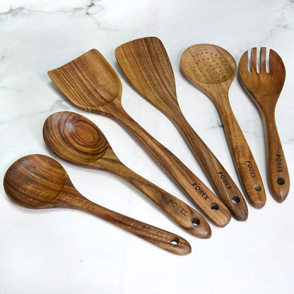 Pohex Teak Wood 12 Piece Kitchen Utensil Set with Wooden Holder/Barrel, 6 Gadgets Wooden Spatula, Spurtle, Slotted Spoon, Salad Spoon and Fork, Small Mixing Spoon and 6 Hooks Handmade Cookware No BPA