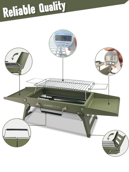 Charmline 14x9inch Small Desktop Charcoal Grill, Liftable Grilling Net, Saving Space Grill for Indoor and Outdoor, BBQ Grill for Camping, Gardens, Picnics, Beach Parties, Green