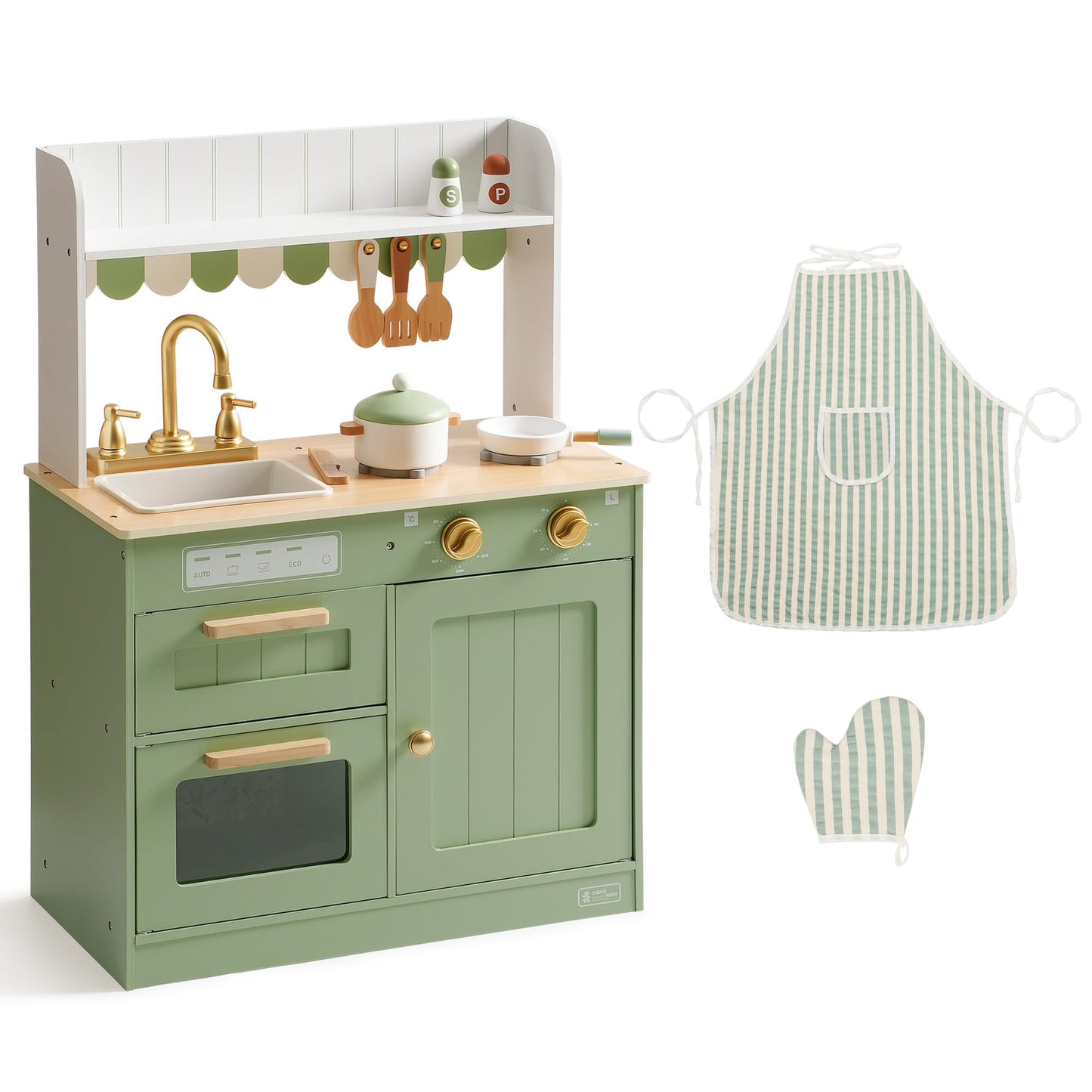 ROBUD Wooden Play Kitchen Set for Kids, Pretend Play Kitchen Toy Set with Golden Faucet, Sink, Oven, Stove, Cabinet, Vintage Style, Gift for Boys & Girls Ages 3+ (Green)