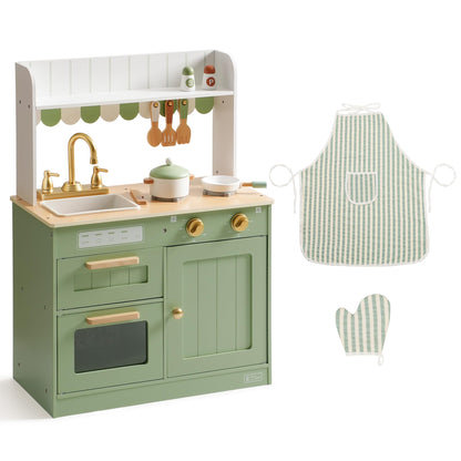 ROBUD Wooden Play Kitchen Set for Kids, Pretend Play Kitchen Toy Set with Golden Faucet, Sink, Oven, Stove, Cabinet, Vintage Style, Gift for Boys & Girls Ages 3+ (Green)