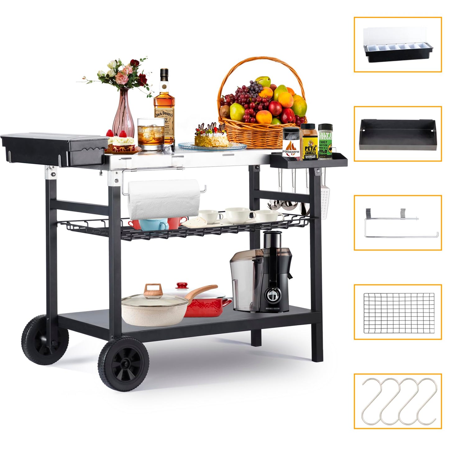 Pittazero Outdoor Grill Cart, 500lb Dining Cart Table with Three-Shelf, Stainless Steel Rolling Movable Food Prep and Work Table