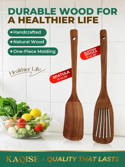 KAQISE Nonstick Wooden Spatula for Cooking, Finely Polished Teak Wooden Utensils, Kitchen Essential Spatula Set Contains Flat Turner and Slotted Spatula (2Pcs)