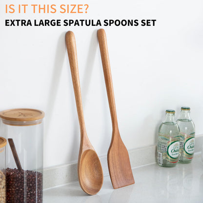 2PCS Long Handle Gigantic Spatula Spoon Premium Acacia Wooden Spoons For Cooking 17''Large Soliod Wooden Cooking Spoons Smooth Finish in Large Style Cooking Kitchen Utensil Set