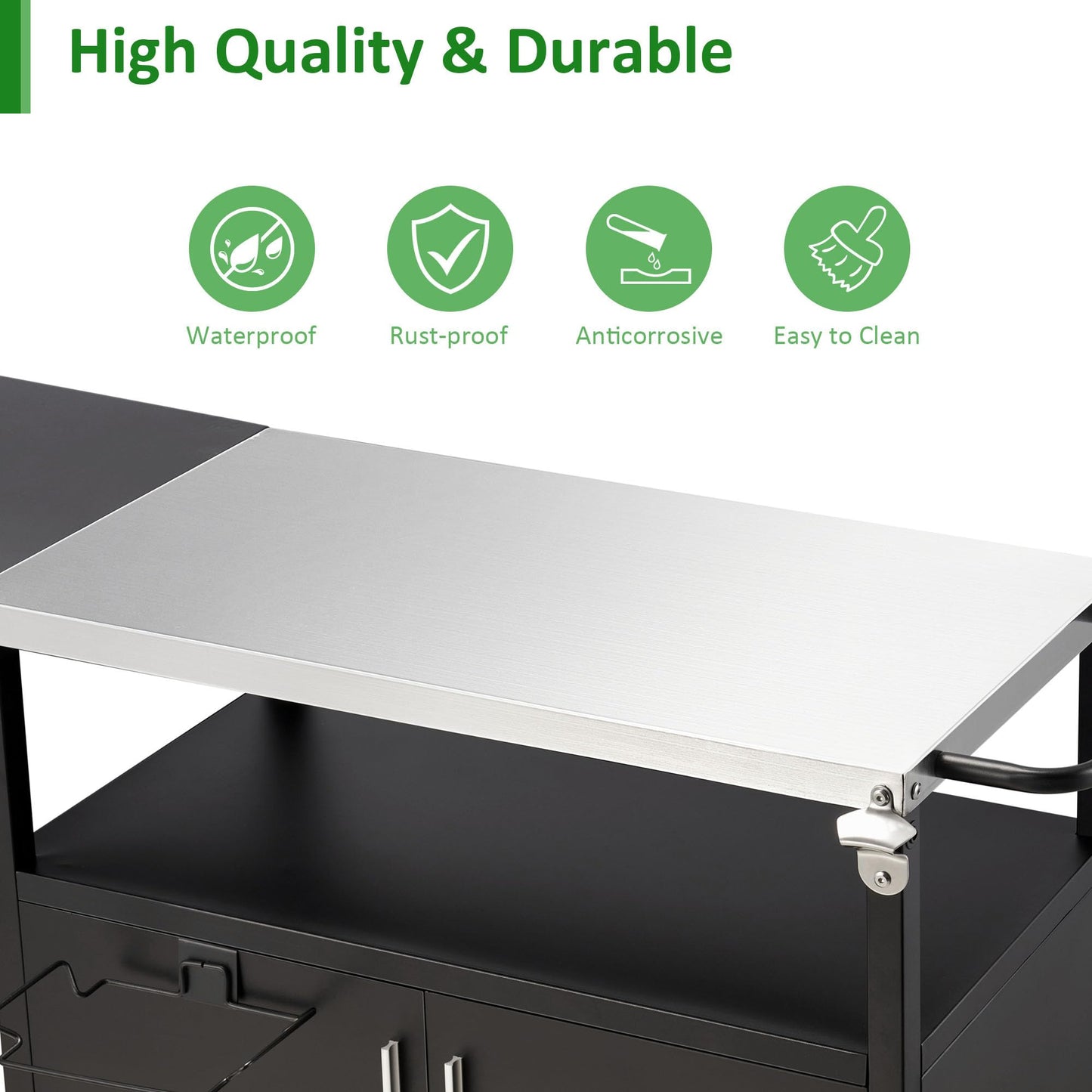 OUTGUAVA Outdoor Grill Cart with Storage Movable Grill Cart Outdoor Kitchen Island Pizza Oven Table Food Prep Table with Wheels Storage Cabinet for Outside Patio Backyard Garden