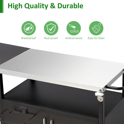 OUTGUAVA Outdoor Grill Cart with Storage Movable Grill Cart Outdoor Kitchen Island Pizza Oven Table Food Prep Table with Wheels Storage Cabinet for Outside Patio Backyard Garden