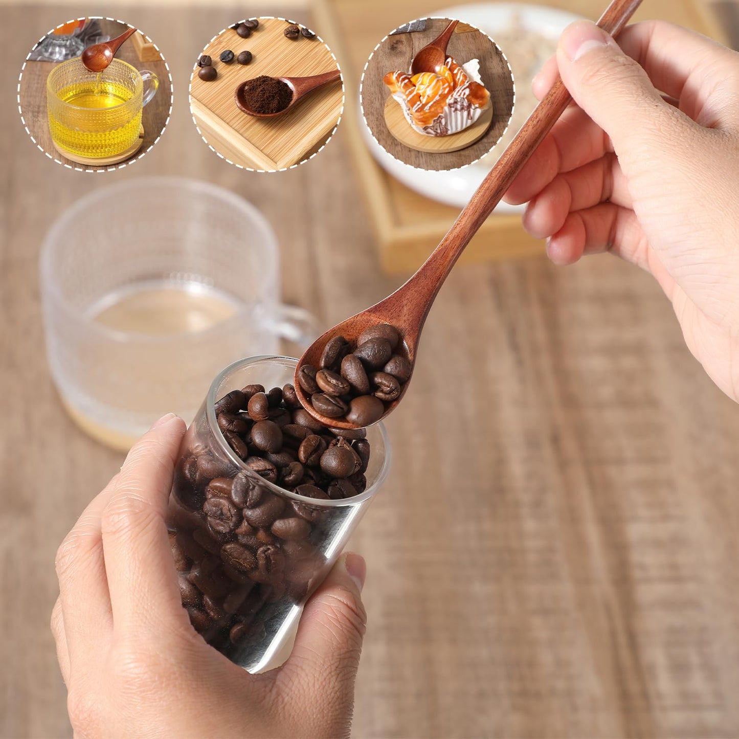 Ouligay 2 Pcs Long Wooden Spoon,Wooden Honey Spoon,7.8 Inch Wood Mixing Spoons for Coffee,Wood Spoons for Eating Stirring,Wooden Teaspoon with Long Handle for Kitchen Bar Restaurant
