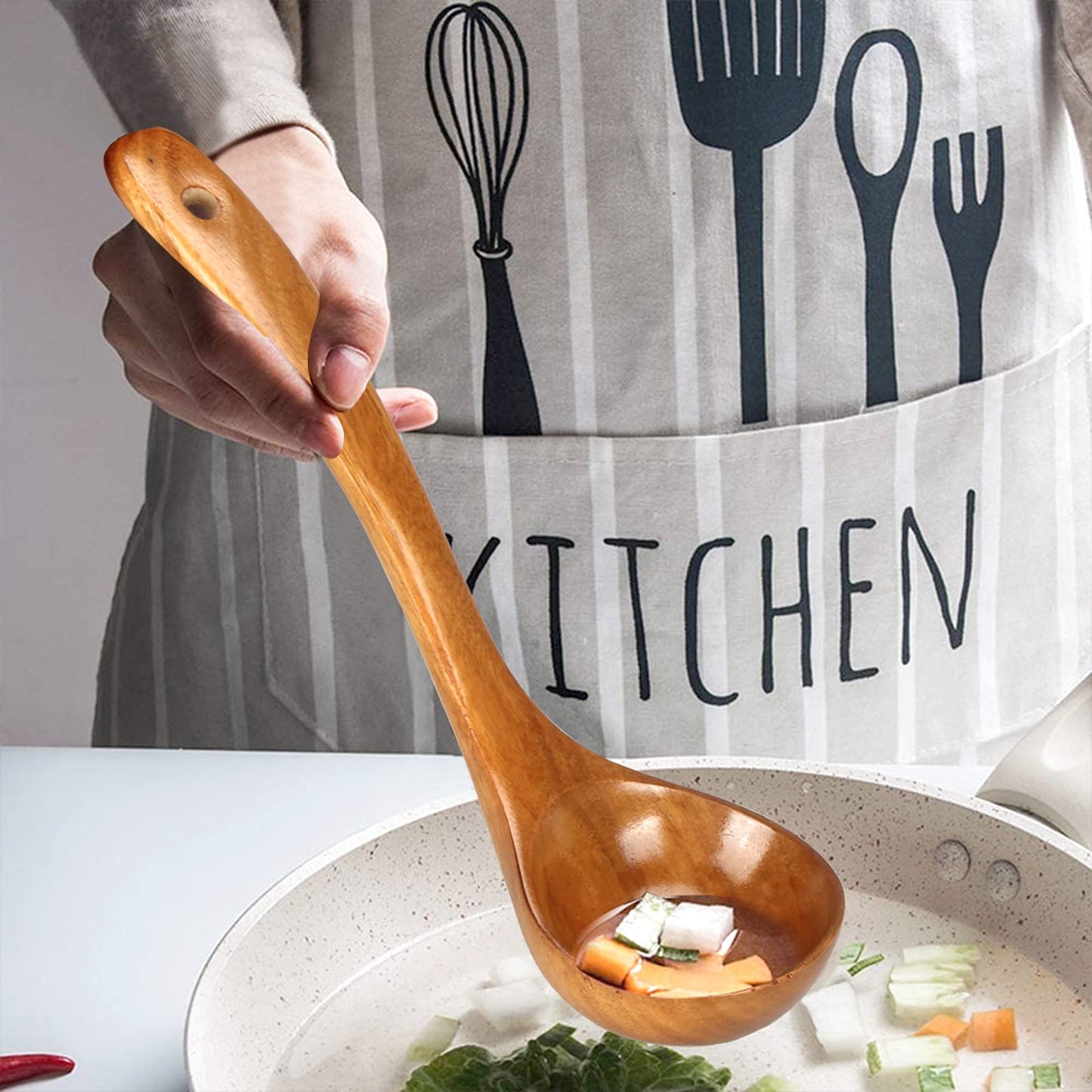 3 Pack Wooden Ladles for Serving Spoon Soup Ladle Wood Spoons for Cooking Ladel Large Bamboo Kitchen Tools Ladles Big Spaghetti Spoon Laddle Non Toxic Soup Spoons Teak deep Ladle