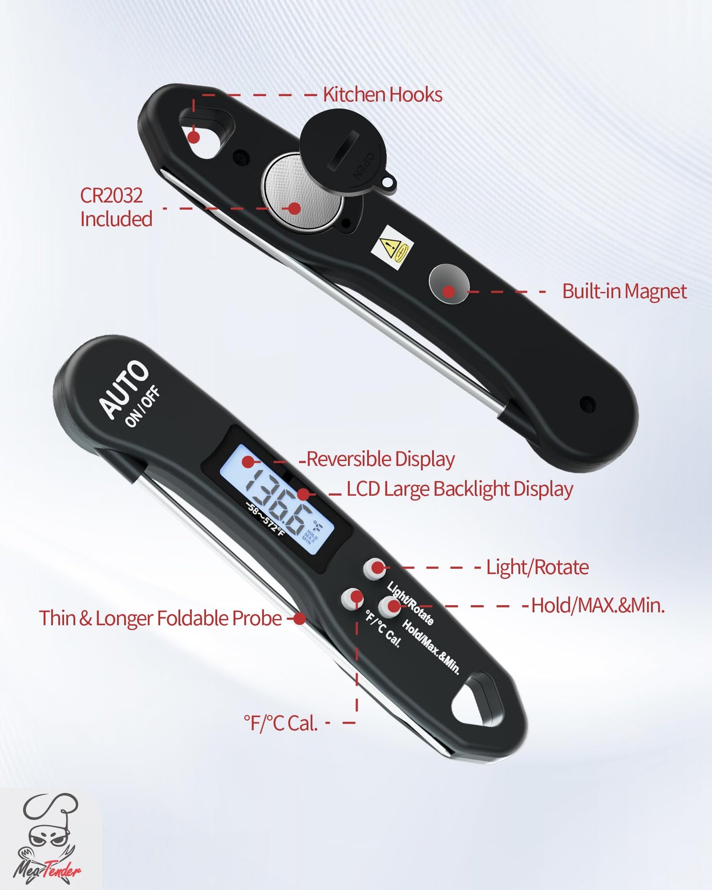 Meat Digital Thermometer for Grilling and Cooking - Instant Read Food Thermometer with Backlight & Inverted Display, for Kitchen, Deep Fry, BBQ, Grill, Baking, Bread, Sourdough, Candy