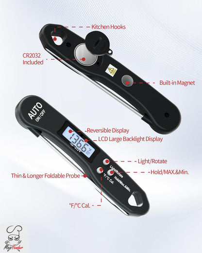 Meat Digital Thermometer for Grilling and Cooking - Instant Read Food Thermometer with Backlight & Inverted Display, for Kitchen, Deep Fry, BBQ, Grill, Baking, Bread, Sourdough, Candy