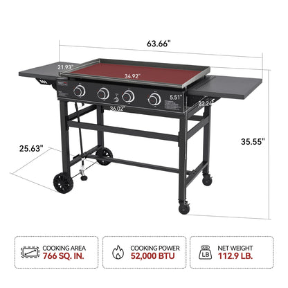 Royal Gourmet GB4001C-N 4 Burner Propane Gas Griddle with Cover, 35 Inch Outdoor Flat Top Grill Griddle with Foldable Side Tables & 52,000 BTUs Output for Barbecue Grilling, Black