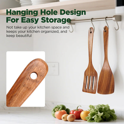 ANBUY Wooden Spatula for Cooking, Flat Wooden Turner Set, Non Scratch Slotted Frying Spatula Set for Nonstick Pans, Non Toxic Wood Spatulas for Kitchen Use, 2 Piece Utensil Set
