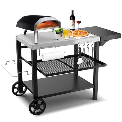 Outdoor Kitchen Island, Grill Table Cart with Drawer, Pizza Oven Stand, Movable 3-Shelf Prep Table with Side Table for Ninja Woodfire, Ooni Pizza Oven, Blackstone Griddle, Cuisinart, Cooking Station