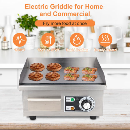 Commercial Electric Griddle, 14" Electric Countertop Flat Top Griddle,1600W 110V Non-Stick Electric Flat Top Grill Stainless Steel Teppanyaki Grill,122℉-572℉ Adjustable Temperature for Restaurant Home