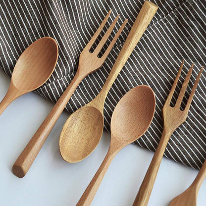 Kyien 6Pcs Wood Soup Spoons And Forks Sets 7.5In Natural Wood Eating Utensils Wooden Flatware Set, Eco Friendly Wood Cutlery Wooden Dinner Fork And Spoon, 3 Spoons and 3 Forks