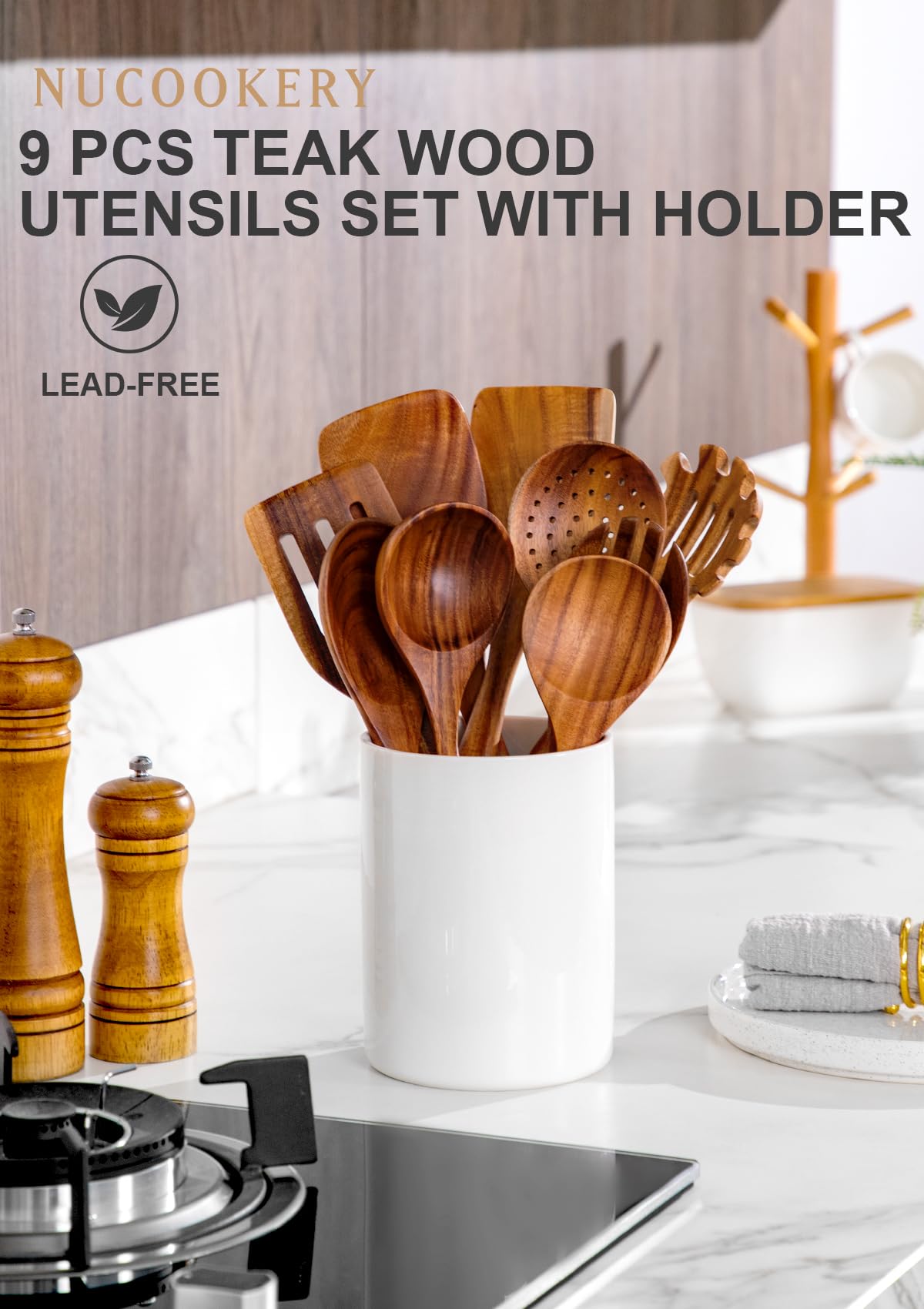 Nucookery Wooden Cooking Utensils Set with Holder, Teak Wood Kitchen Utensils Set, Ceramic Utensils Holder for Countertop, Nonstick Wooden Spoons for Cooking Spatula Set 10 Pcs, Natural Kitchen Decor