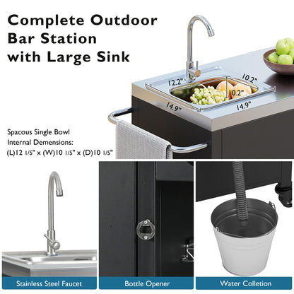 55.5" Outdoor Kitchen Island with Sink, Metal Grill Cart Table with 304 Stainless Steel Sink, Outdoor Bar Cart Sink Station with 4 Lockable Wheels and Storage Cabinet for BBQ Patio Garden (Black-@mi)