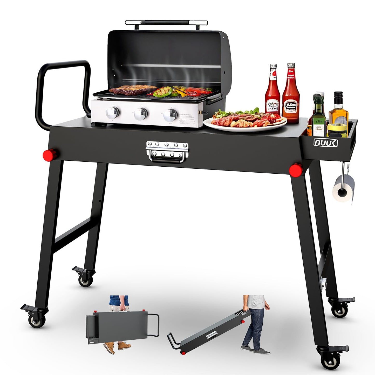 NUUK 31"x17" Outdoor Foldable BBQ Grill Table Cart Portable Folding Prep Worktable for Outside Cooking, Pizza Oven, Heavy-Duty 300LBS Capacity with Universal Wheels, Hander