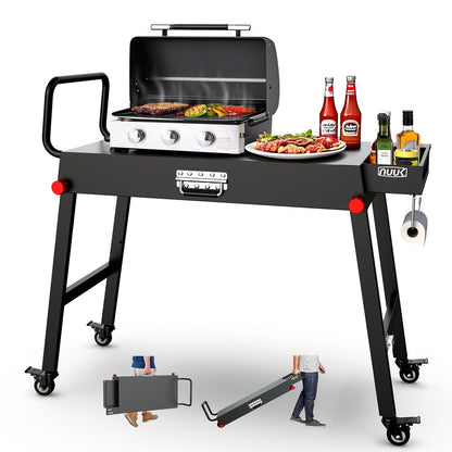 NUUK 31"x17" Outdoor Foldable BBQ Grill Table Cart Portable Folding Prep Worktable for Outside Cooking, Pizza Oven, Heavy-Duty 300LBS Capacity with Universal Wheels, Hander
