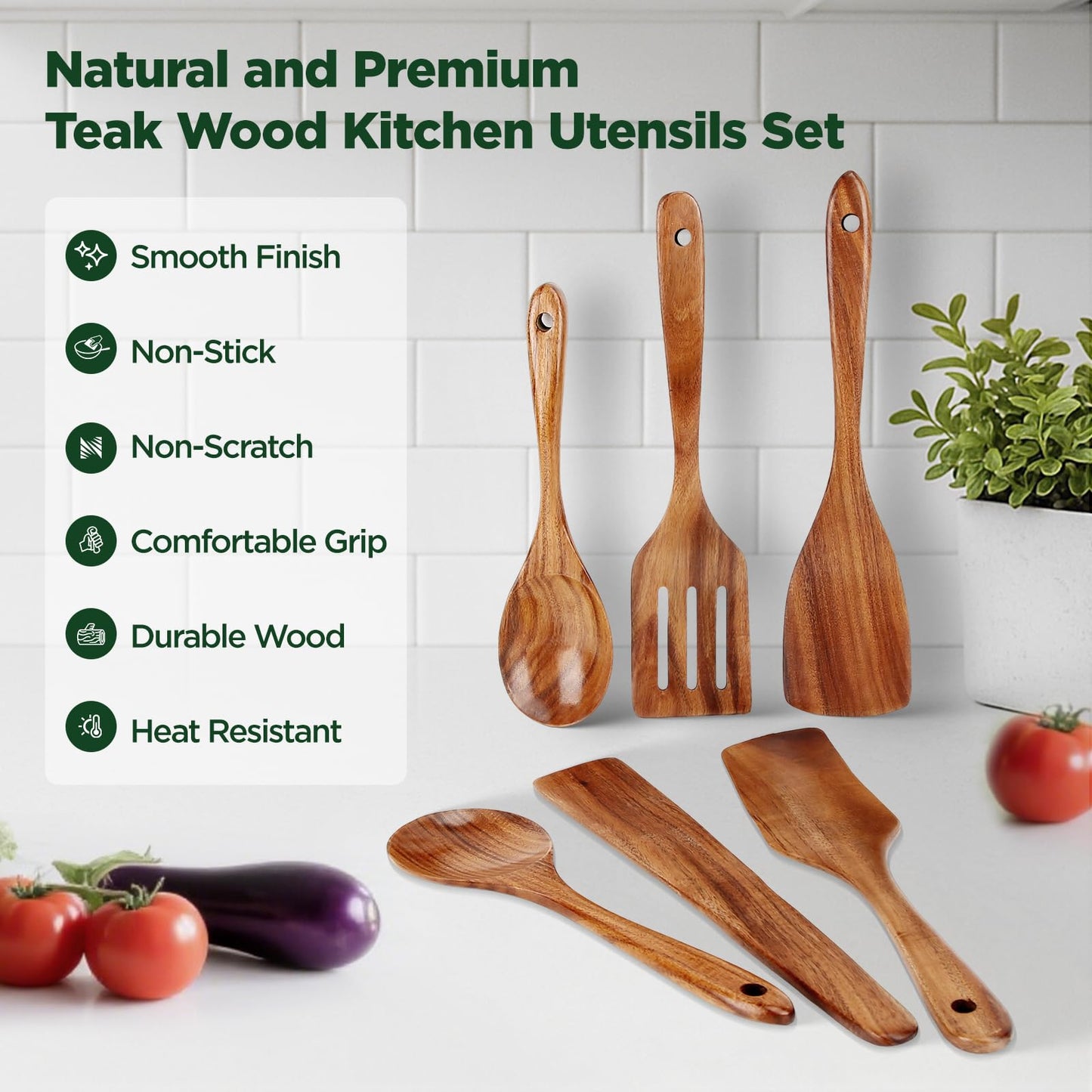 ANBUY Wooden Spoons for Cooking, 6Pcs Wood Kitchen Utensils Set, Mixing Heat Resistant Flat Spatulas and Spoons Set for Nonstick Cookware, Smooth Finish, Non-Stick, Comfortable Grip Kitchen Utensils